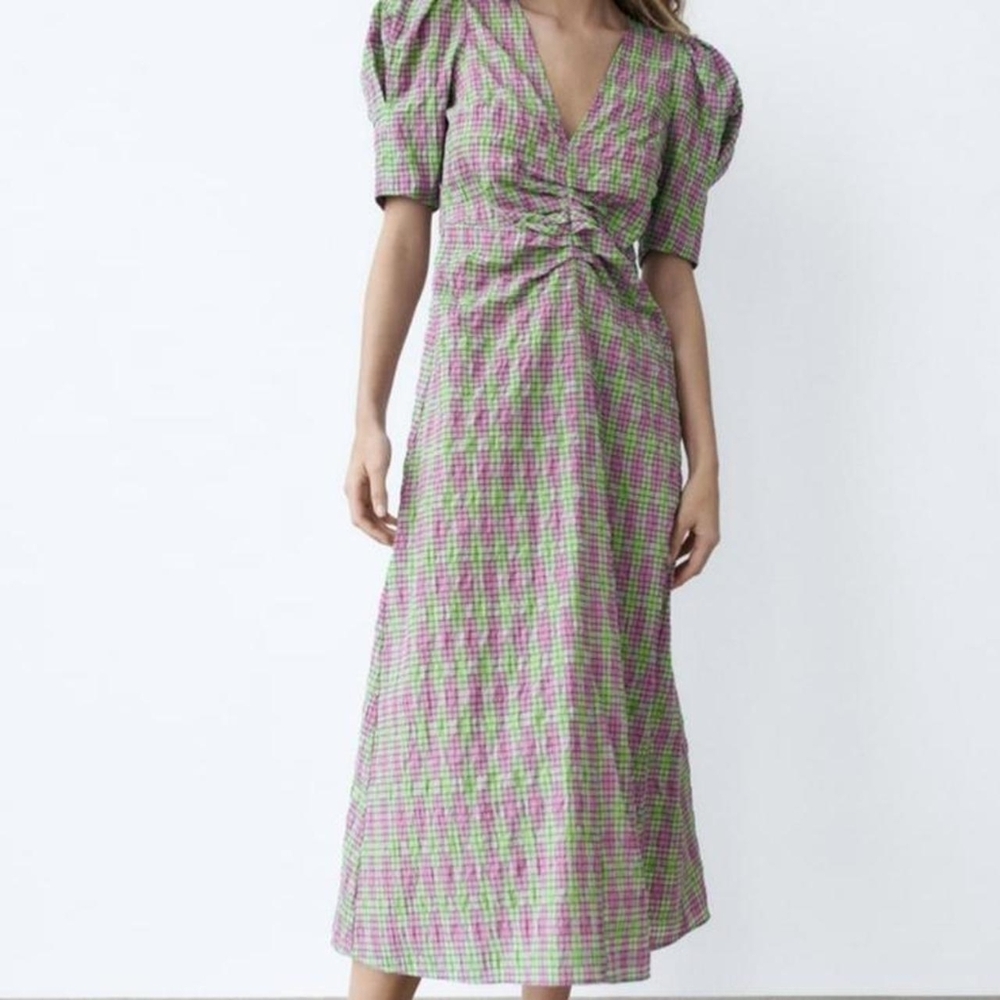 ZARA Pink & Green Plaid Seersucker Puff Sleeve Midi Dress | SZ XS